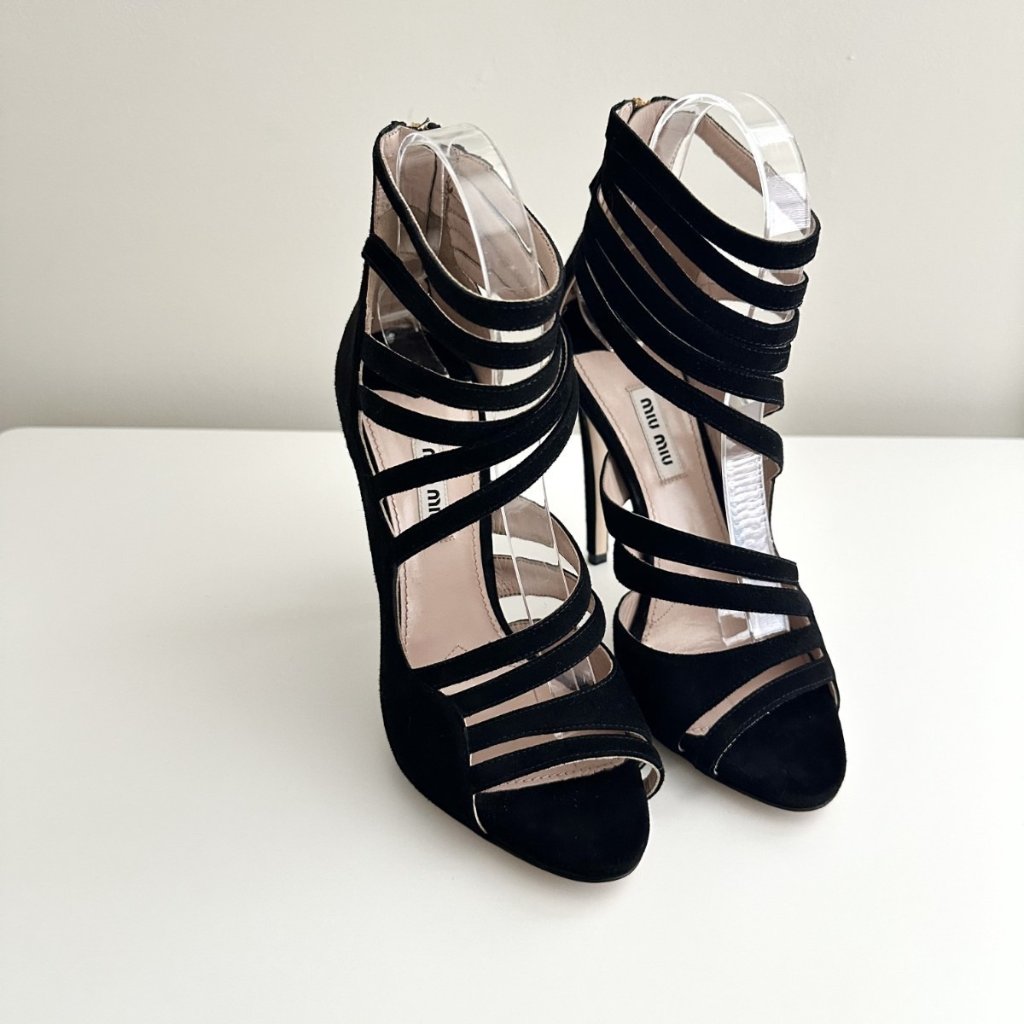 New Miu Miu Black Suede Strappy Cutout Ankle Zip Sandals Size 38 (Us 8)